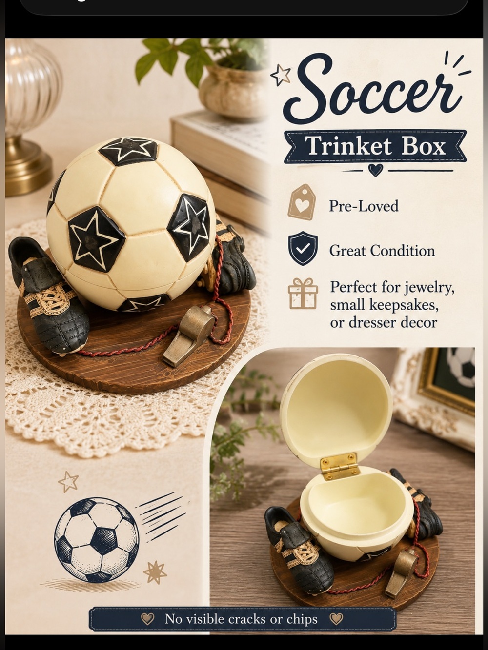 Soccer Trinket Box - Cream and Black Decorative Keepsake